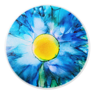 Pomo De Cerámica Flor azul de tinta de alcohol