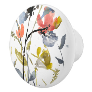 Pomo De Cerámica Flor cubierta - flores y troncos de la acuarela