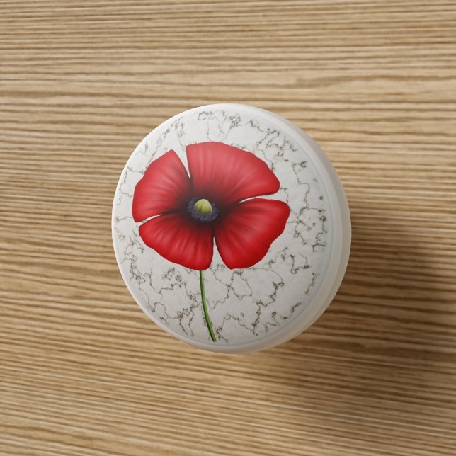 Pomo De Cerámica Flor de amapola roja en mármol falso (Pop a poppy ceramic knob on your cupboard. Perfect!)