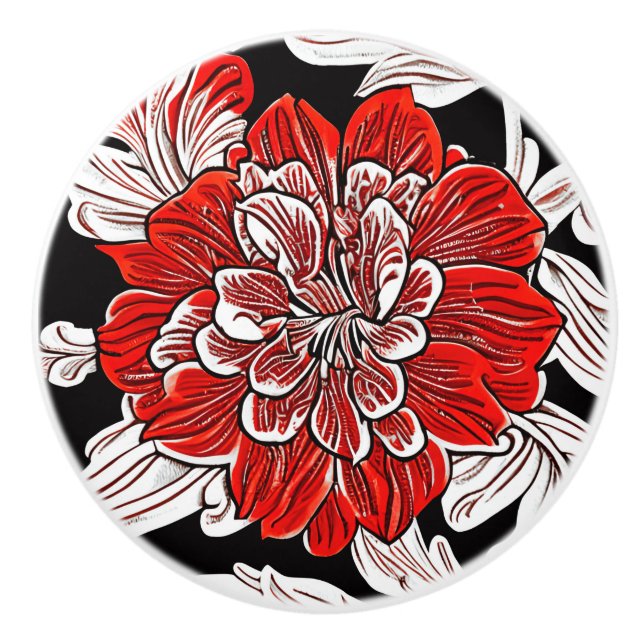 Pomo De Cerámica Flor de Art Nouveau blanca y negra roja (Anverso)