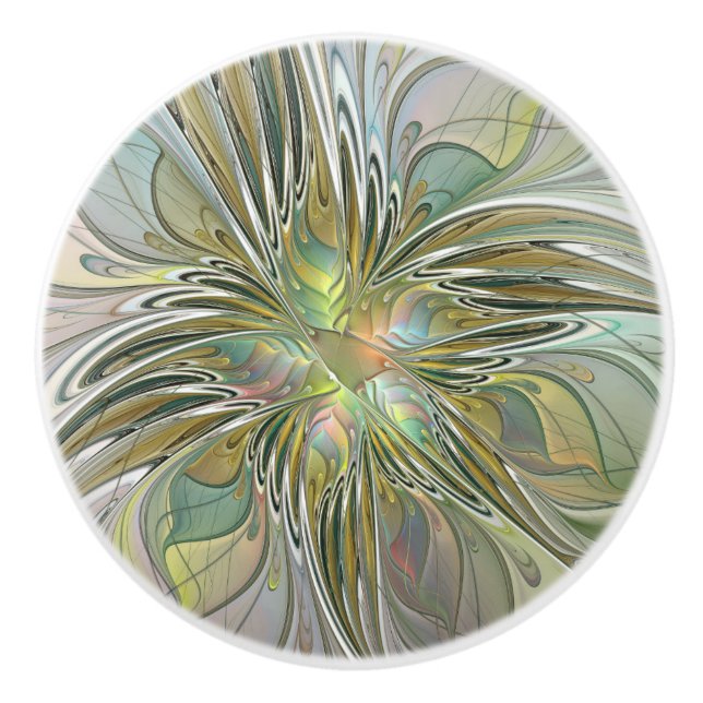 Pomo De Cerámica Flor De Arte Fractal Moderno Con Oro (Anverso)