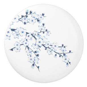 Pomo De Cerámica Flor de cerezo azul blanco