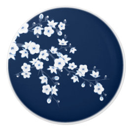 Pomo De Cerámica Flor de Cerezo Azul Blanco