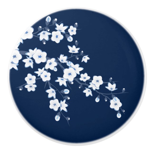 Pomo De Cerámica Flor de Cerezo Azul Blanco (Anverso)