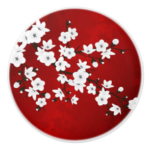 Pomo De Cerámica Flor De Cerezo Blanco Y Negro Rojo En Asia