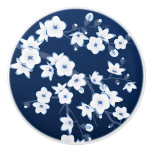 Pomo De Cerámica Flor de cerezo naval azul blanco