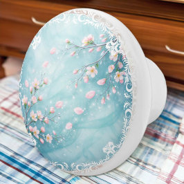 Pomo De Cerámica Flor de Cerezo Turquesa Elegante Rosa