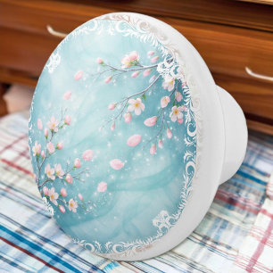 Pomo De Cerámica Flor de Cerezo Turquesa Elegante Rosa