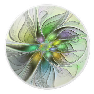 Pomo De Cerámica Flor de Fantasía Colorida Moderna Fractal Abstract