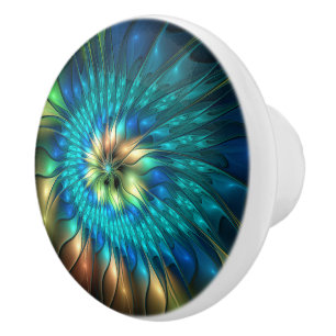 Pomo De Cerámica Flor de fantasía luminosa, fractal abstracto color