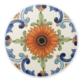 Pomo De Cerámica Flor de Gerbera Mediterráneo Azul Crema