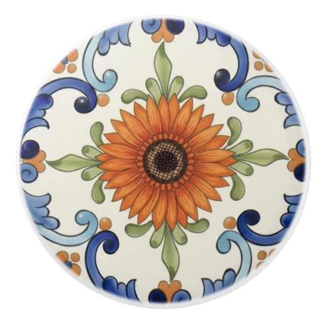 Pomo De Cerámica Flor de Gerbera Mediterráneo Azul Crema (Anverso)
