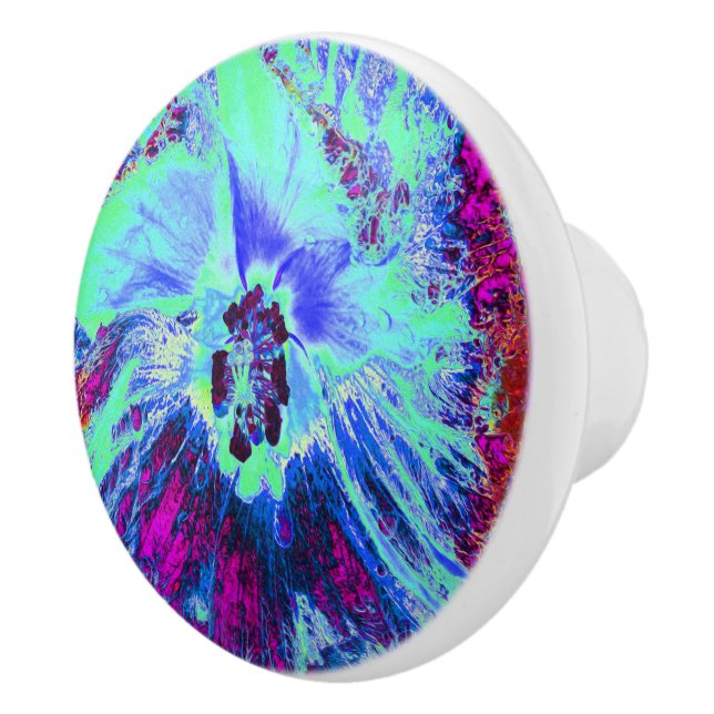 Pomo De Cerámica Flor de hibiscus verde y azul psicodélico retro (Derecha)