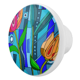 Pomo De Cerámica Flor de la casa del Knob arte mosaico azul rosa