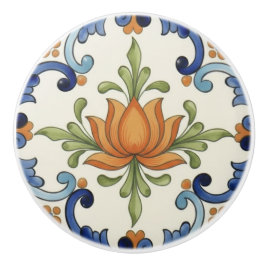 Pomo De Cerámica Flor de Loto Crema Azul Mediterráneo
