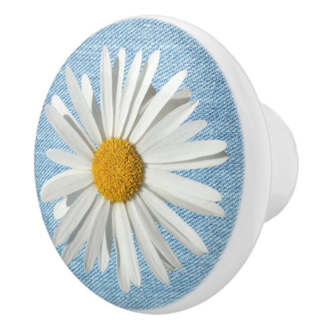 Pomo De Cerámica Flor de margarita blanca hippie blossom Denim azul (Derecha)