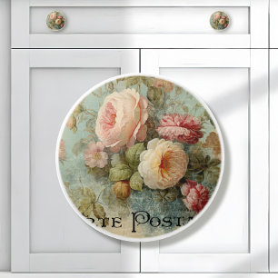 Pomo De Cerámica Flor de mercado francés Vintage rosa y flor blanca