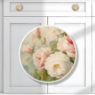 Pomo De Cerámica Flor de mercado francés Vintage rosa y flor blanca
