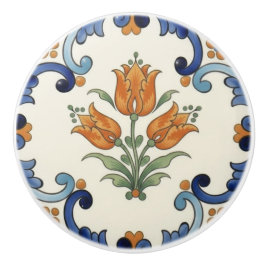 Pomo De Cerámica Flor de Tulipán Mediterráneo Azul Naranja Crema