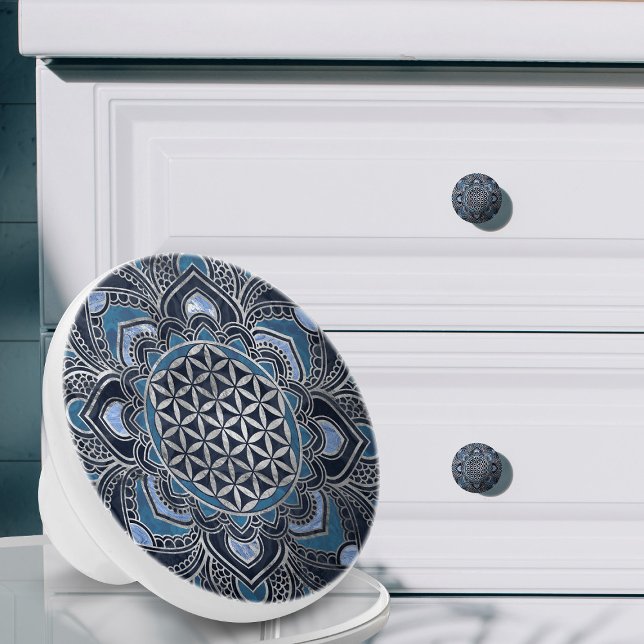 Pomo De Cerámica Flor de vida en Lotus - Cristal azul y plata (Subido por el creador)