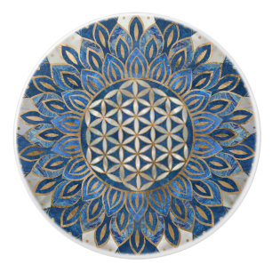 Pomo De Cerámica Flor de vida en Lotus - mármol azul y perla