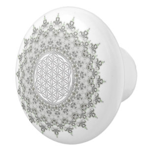 Pomo De Cerámica Flor de vida - Fractal Mandala gris verde