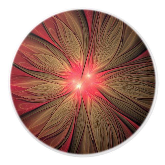 Pomo De Cerámica Flor fractal de fanatismo rojo (Anverso)