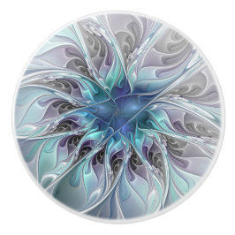 Pomo De Cerámica Flor Fractal Moderna Con Azul