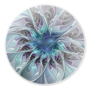 Pomo De Cerámica Flor Fractal Moderna Con Azul