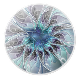 Pomo De Cerámica Flor Fractal Moderna Con Azul