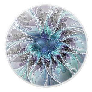 Pomo De Cerámica Flor Fractal Moderna Con Azul