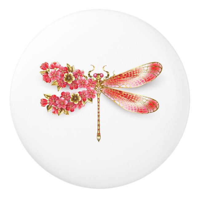 Pomo De Cerámica Flor libélula con sakura de joyas (Anverso)
