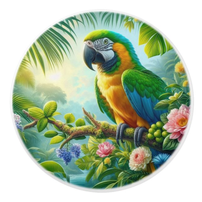 Pomo De Cerámica Flor tropical de macao verde (Anverso)