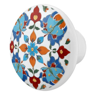 Pomo De Cerámica Flor turca Iznik Naranja roja Flor blanca azul