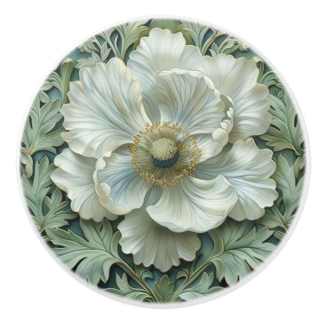 Pomo De Cerámica Flor verde de sabio blanco Art Nouveau (Anverso)