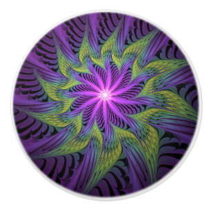 Pomo De Cerámica Flor verde morada arte contemporáneo abstracto fra