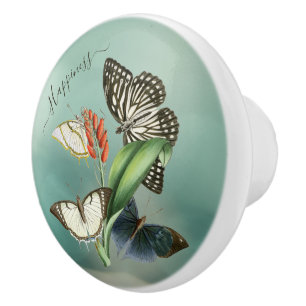 Pomo De Cerámica Flor vintage artística y mariposas personalizado 