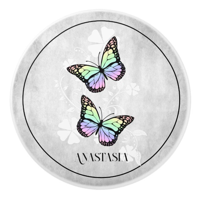 Pomo De Cerámica Flora de mariposa arcoiris personalizada (Anverso)