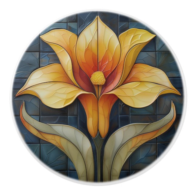 Pomo De Cerámica Floral amarillo Lily Art Deco (Anverso)