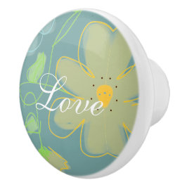 Pomo De Cerámica Floral Azul Y Amarillo Acentuado