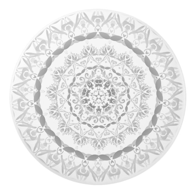 Pomo De Cerámica Floral Blanca Gris Mandala Damasco (Anverso)