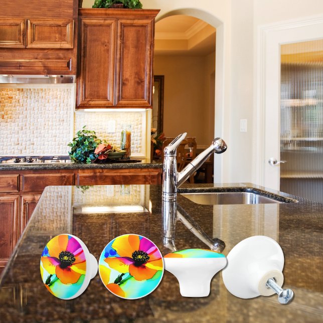 Pomo De Cerámica Floral California Poppies Wildflowers Naranja Pink (Watercolor floral cabinet knobs pulls with bright California Poppies in orange, pink, yellow, blue.)