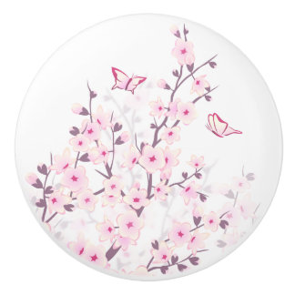Pomo De Cerámica Floral Cherry Blossoms Butterflies Pink White