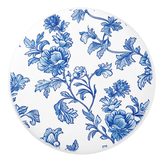 Pomo De Cerámica Floral Chinoiserie azul y blanco (Anverso)