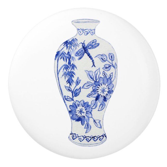 Pomo De Cerámica Floral Chinoiserie Blue Dragonfly Ginger Jar (Anverso)