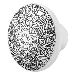 Pomo De Cerámica Floral de diseño gráfico negrita en blanco y negro