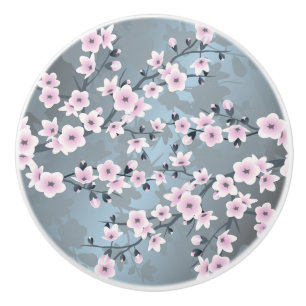 Pomo De Cerámica Floral de Sakura Gris Azulado Rosa Opaco