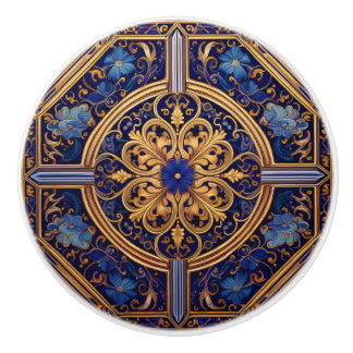 Pomo De Cerámica Floral dorada y azul