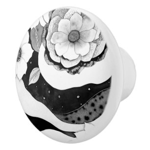 Pomo De Cerámica Floral elegante en blanco y negro