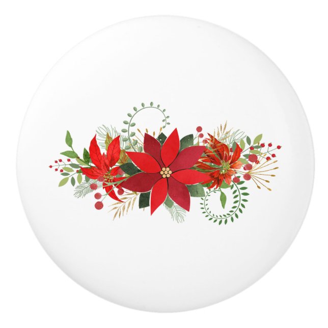 Pomo De Cerámica Floral Navideño Poinsettia Rojo Invierno Blanco (Anverso)